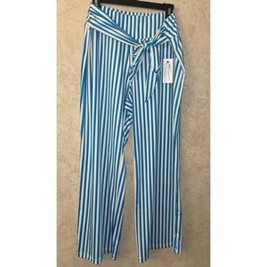 NY Collection Blue and White Striped Wide Leg Tie Waist, Size …